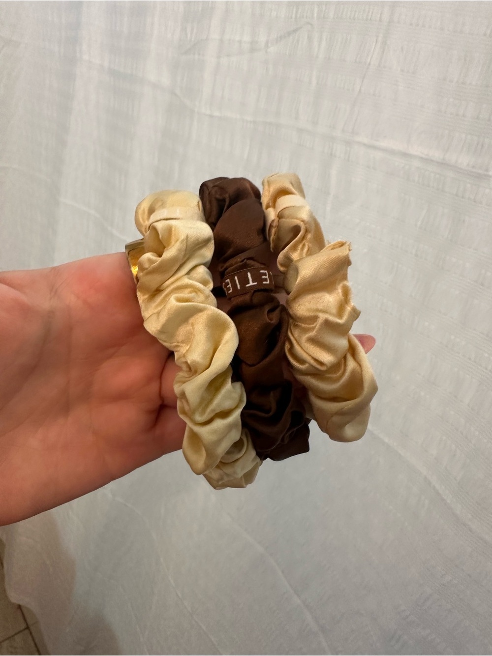Set of 3 Satin Scrunchies in Cream and Brown - Women Accessories